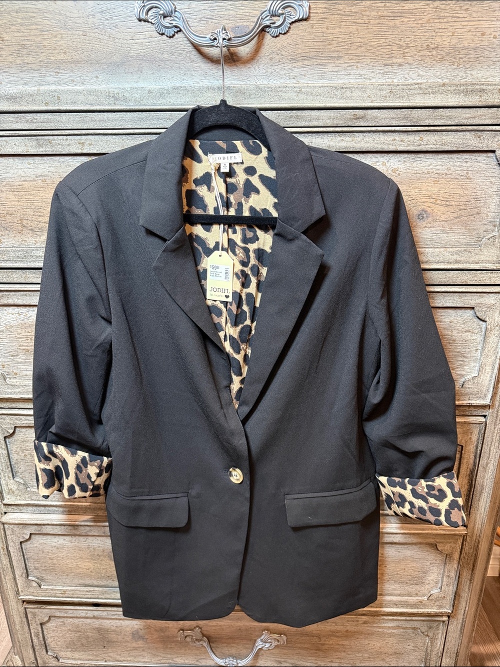 JODIFL Black Blazer with Leopard-Print Lining